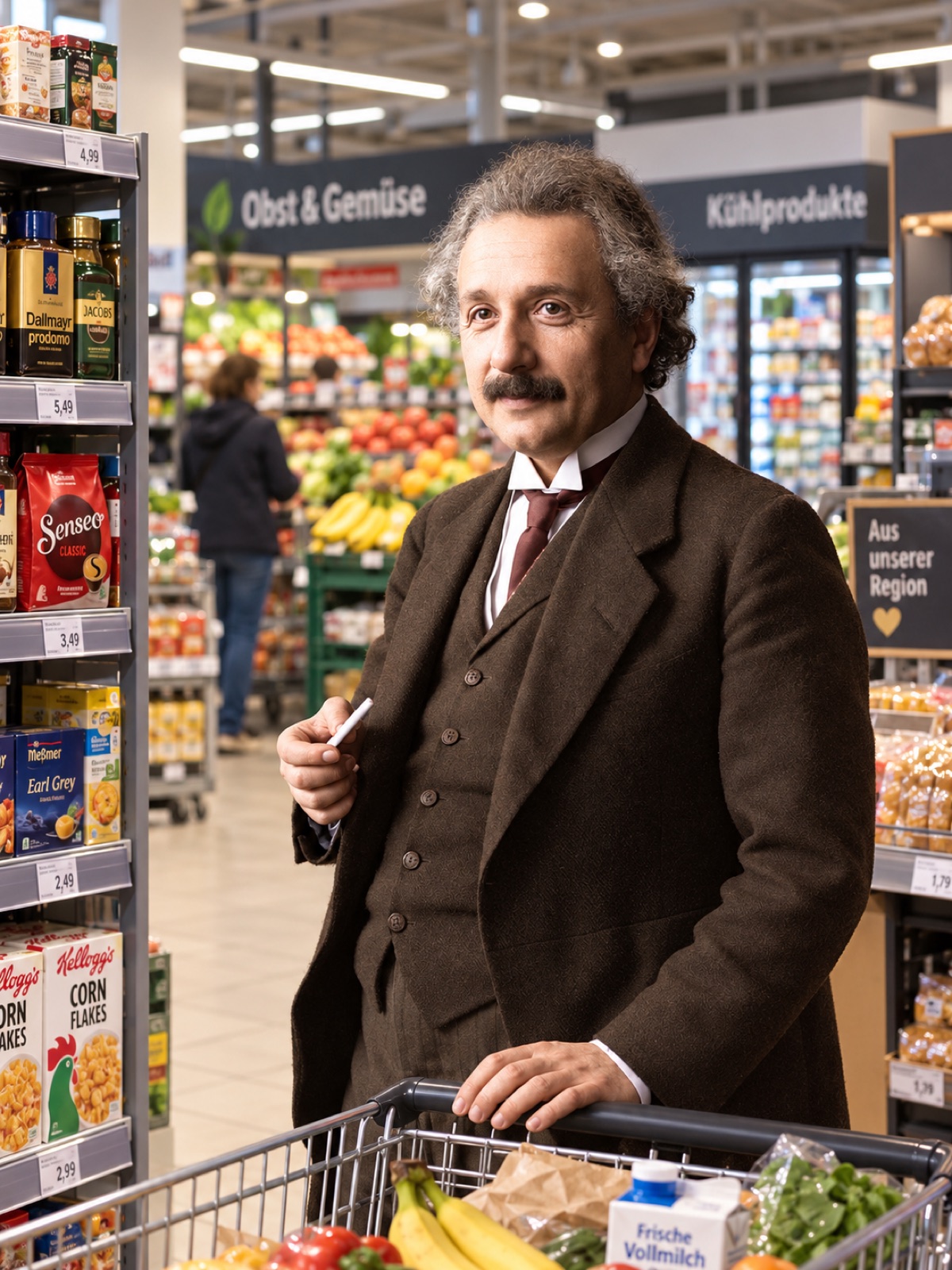 A colour image of the same man in a brown tweed suit standing at a shopping cart in a modern German supermarket, with shelves and produce behind him.
