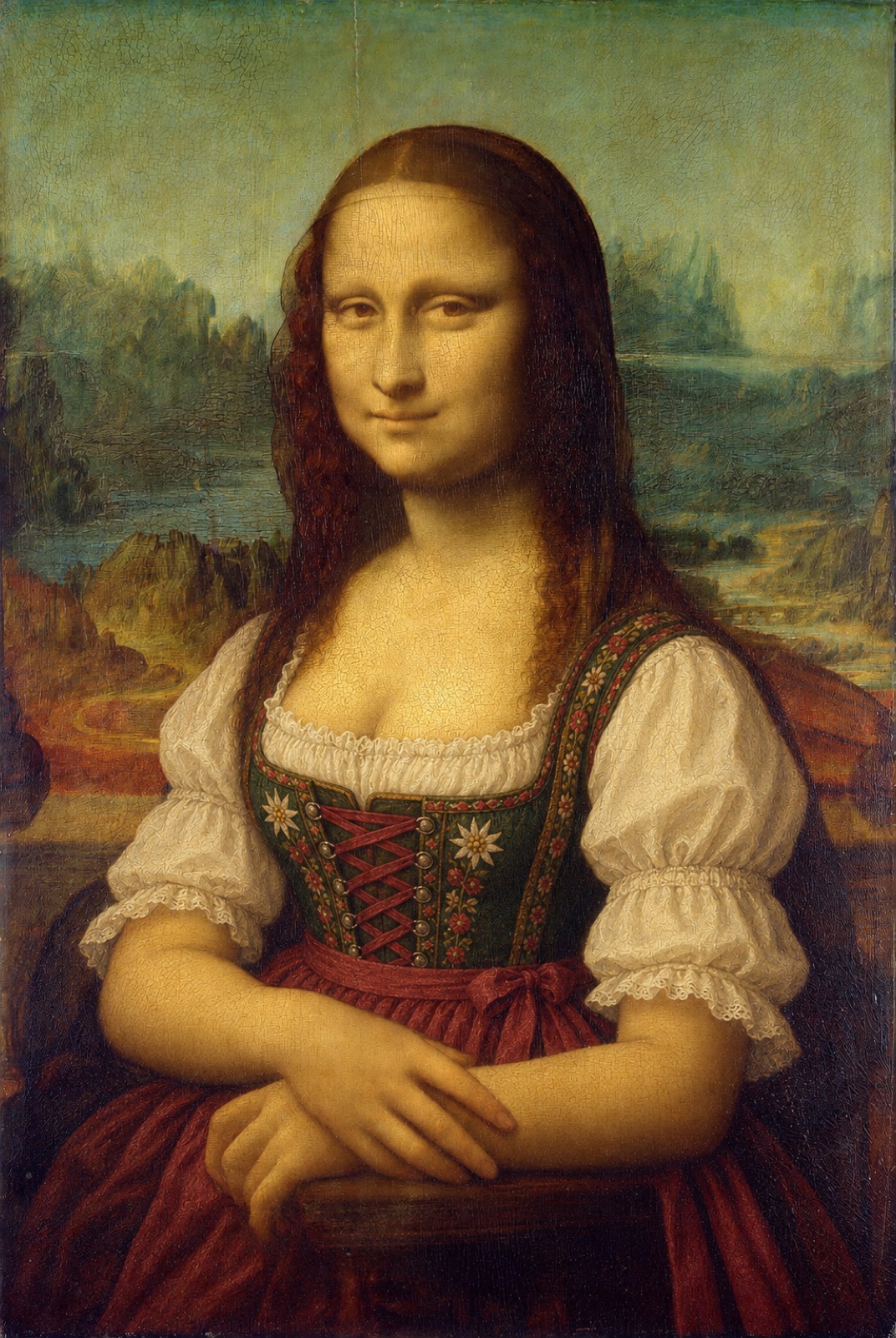 The Mona Lisa wearing a green and red Bavarian dirndl with a white blouse, painted in the same style as the original.