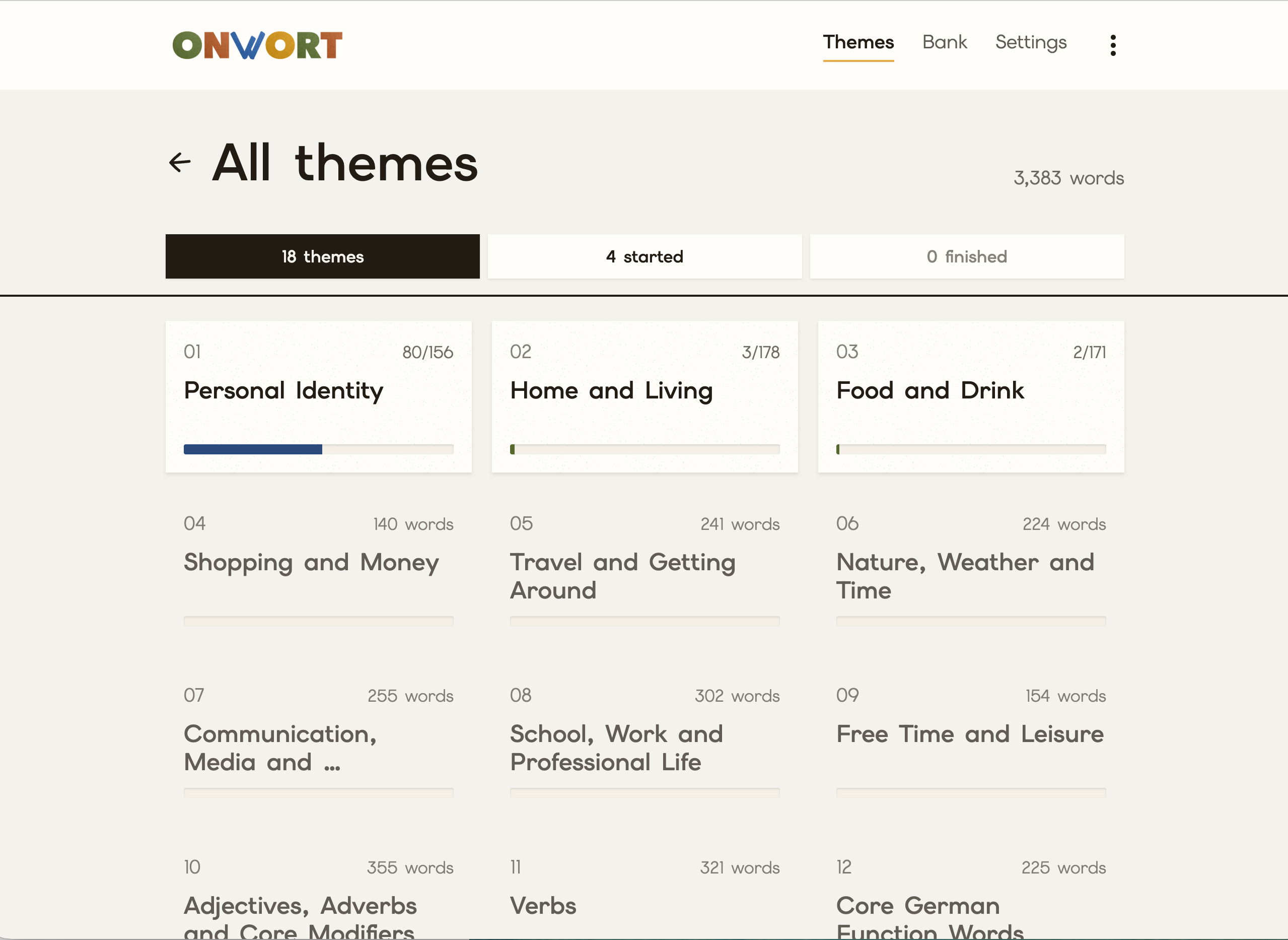 Onwort themes page organizing 3,383 German words into 18 learning themes with progress indicators