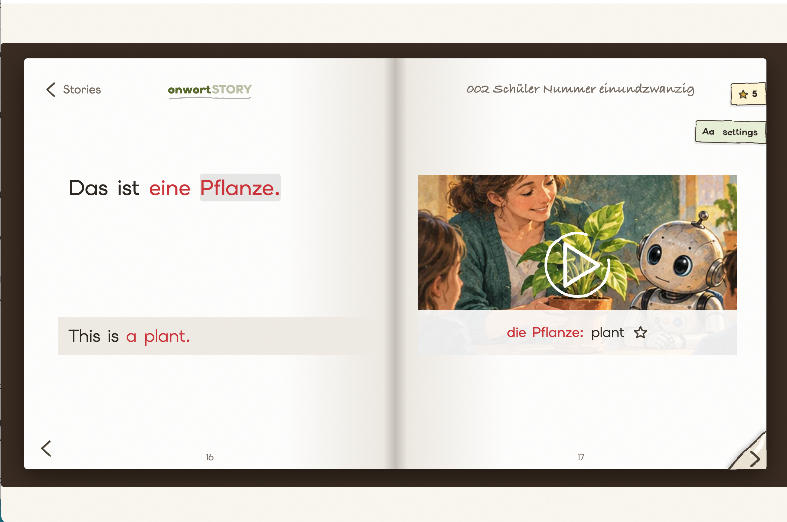 Open-book reading interface with a highlighted German sentence and English translation