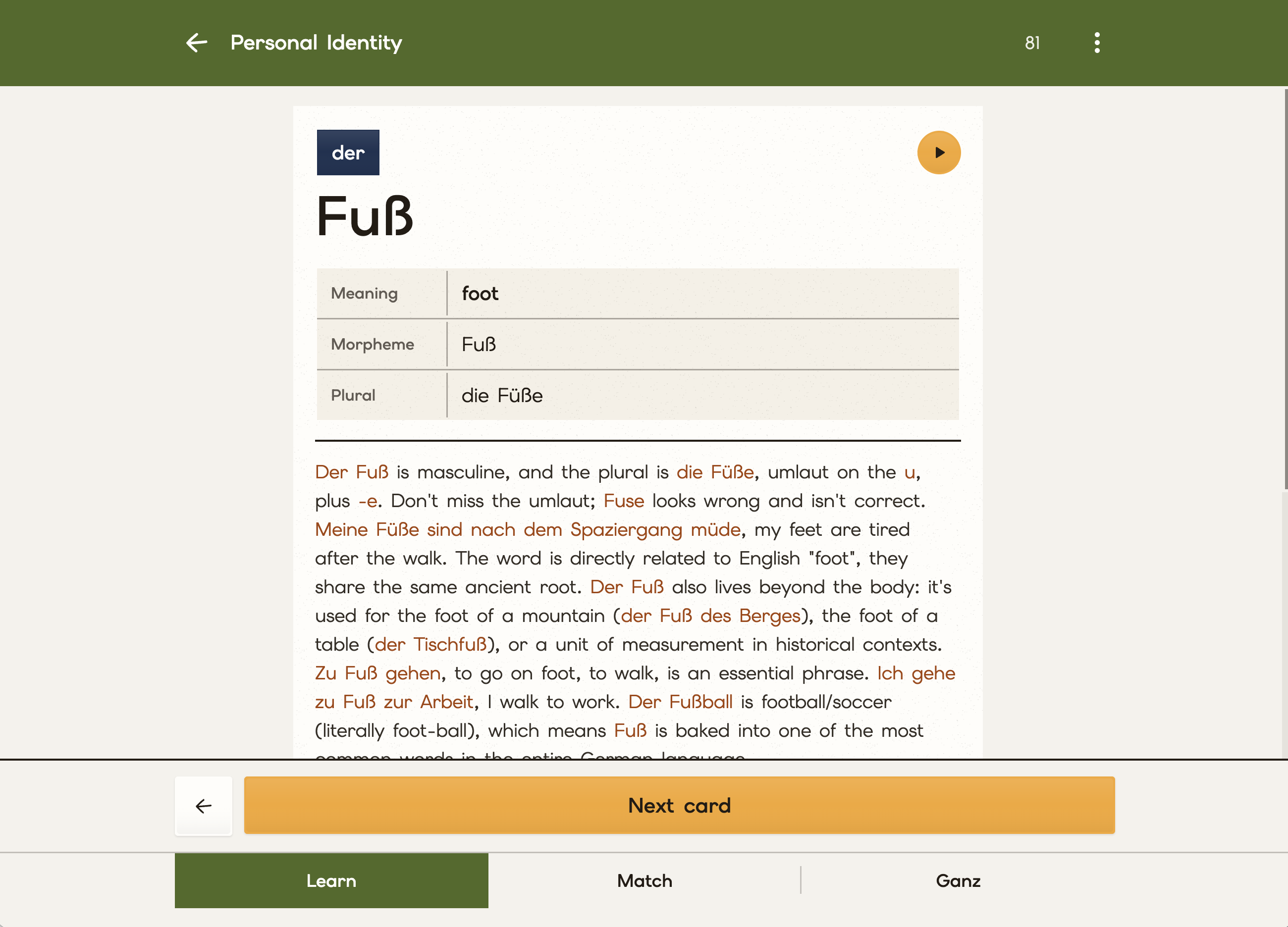 Onwort detail page for the German noun Fuß, showing its article, meaning, plural, examples, and declension