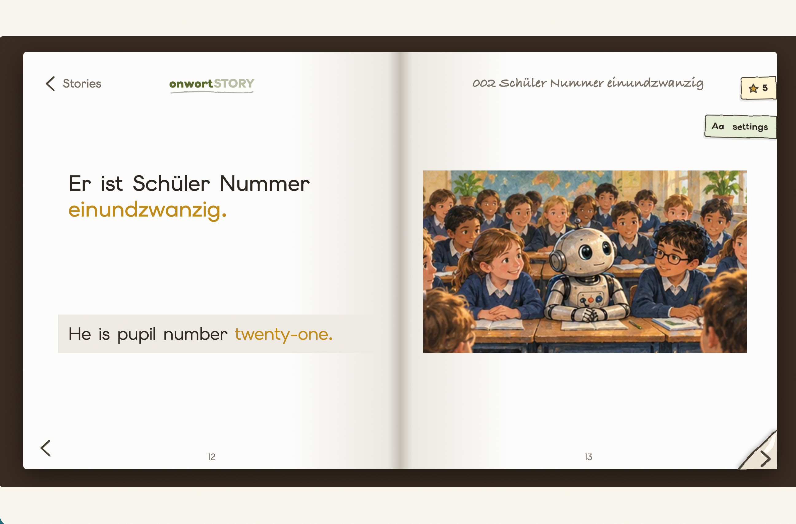 Onwort Story open-book reader with a German sentence and illustration of a robot in a classroom