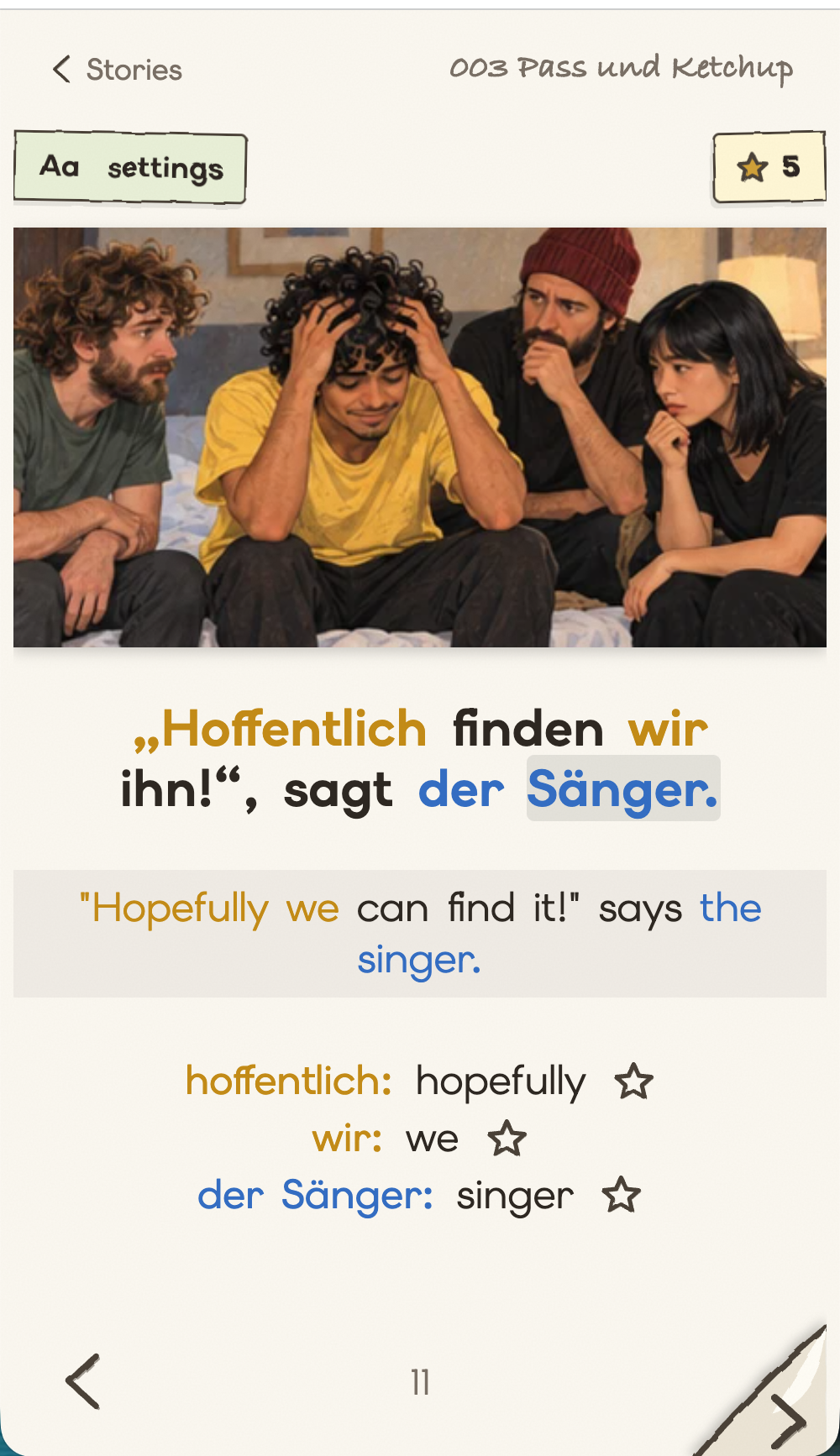 Mobile reading page for Pass und Ketchup with a translated sentence and three vocabulary words