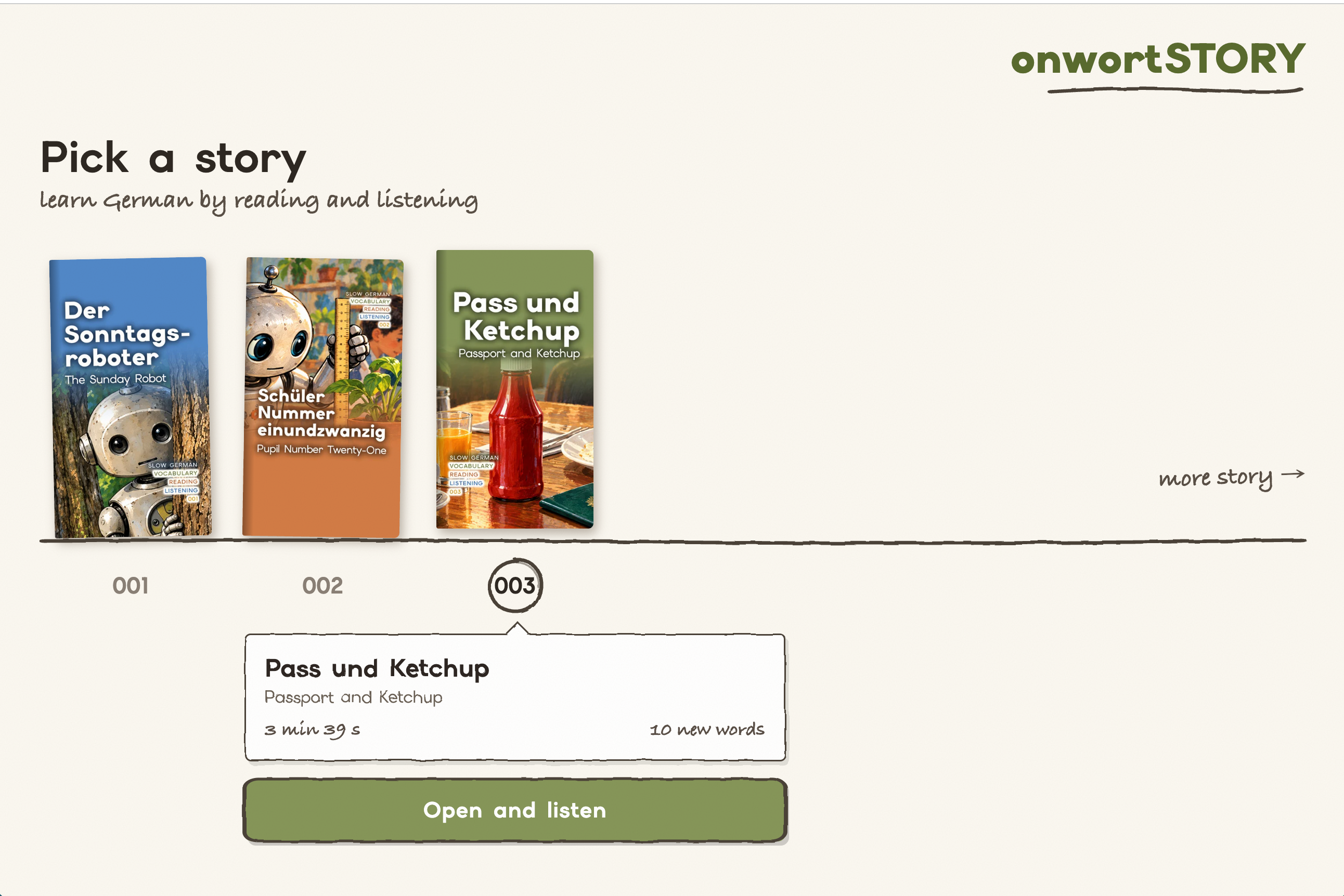 Onwort Story desktop story shelf with three illustrated German story covers