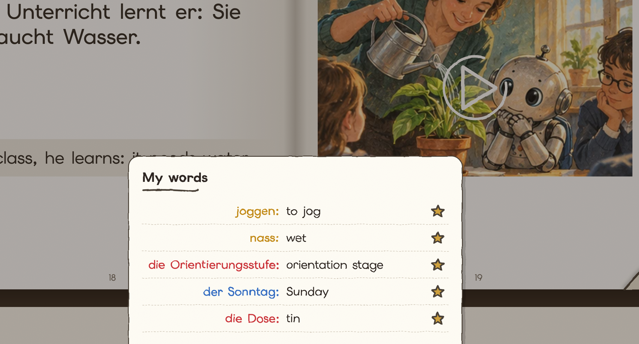 My Words panel showing saved German words with English meanings