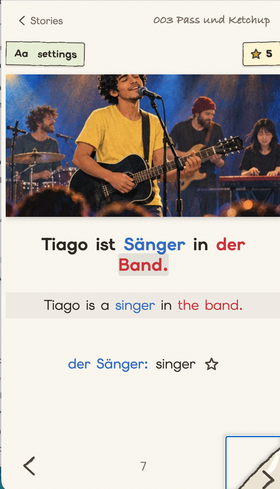 Mobile reading page with German sentence, English translation, photograph, and a saved vocabulary word
