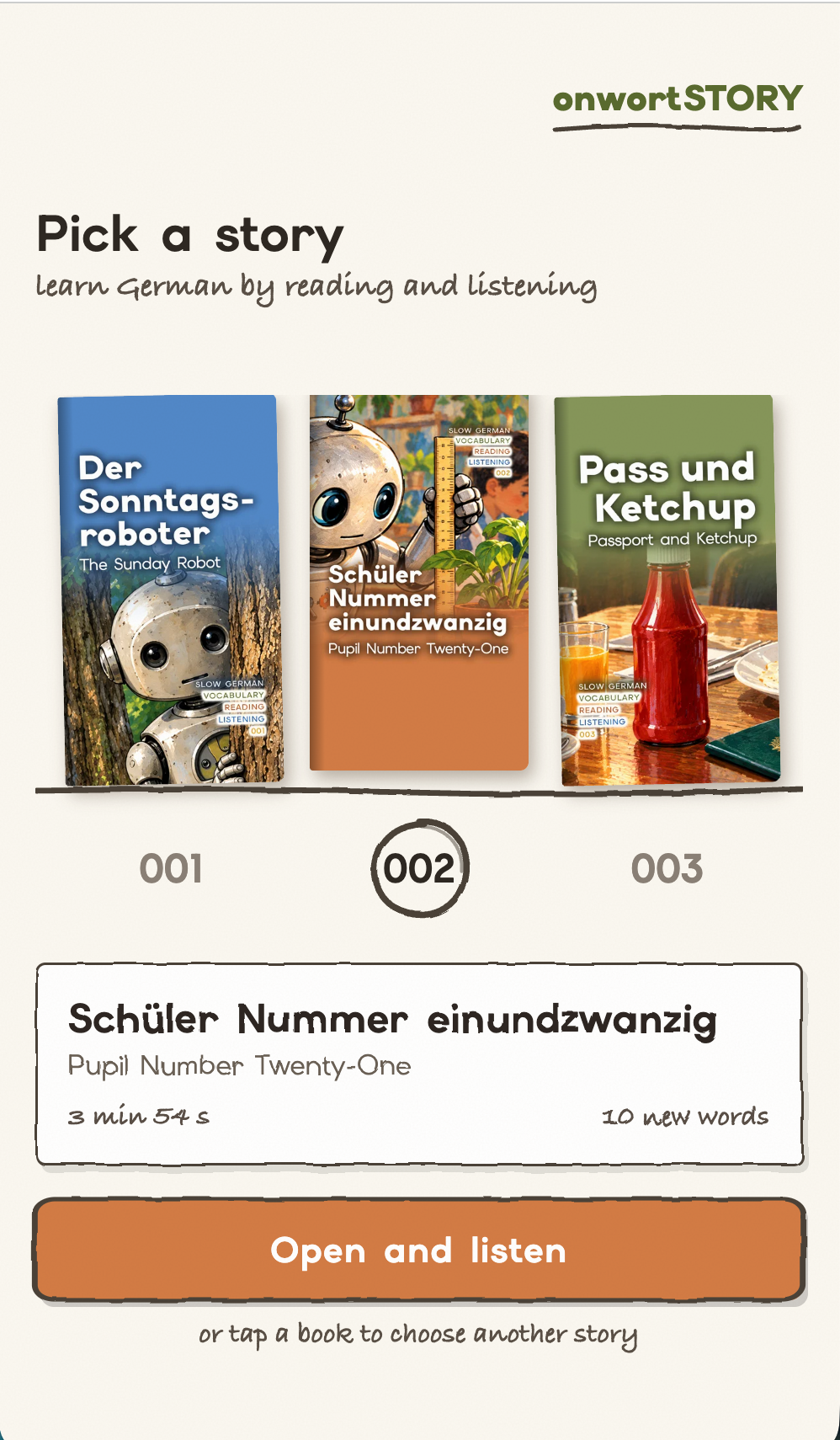 Onwort Story mobile story shelf showing three stories and an Open and listen button
