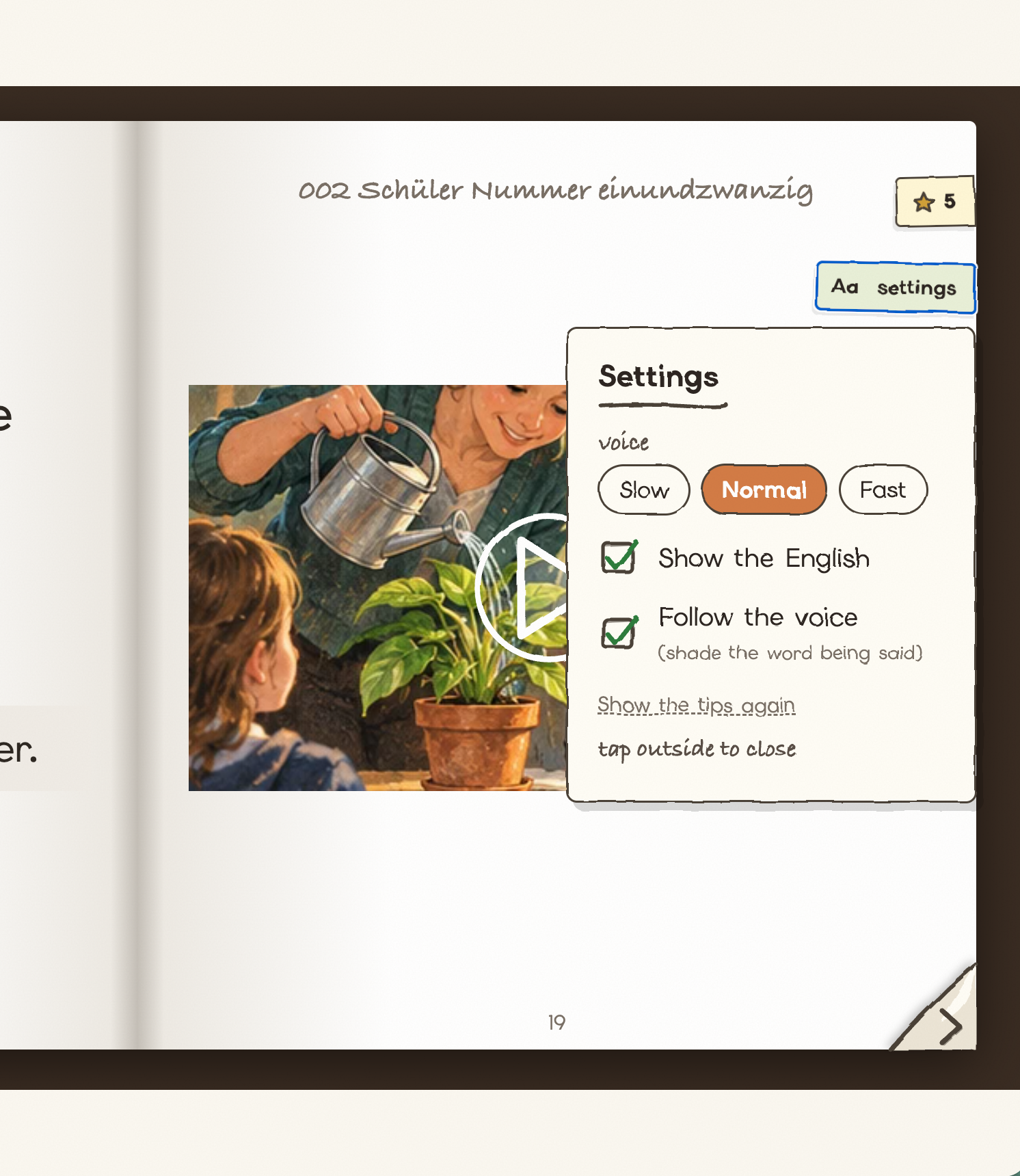 Onwort Story listening settings with voice speed and translation options