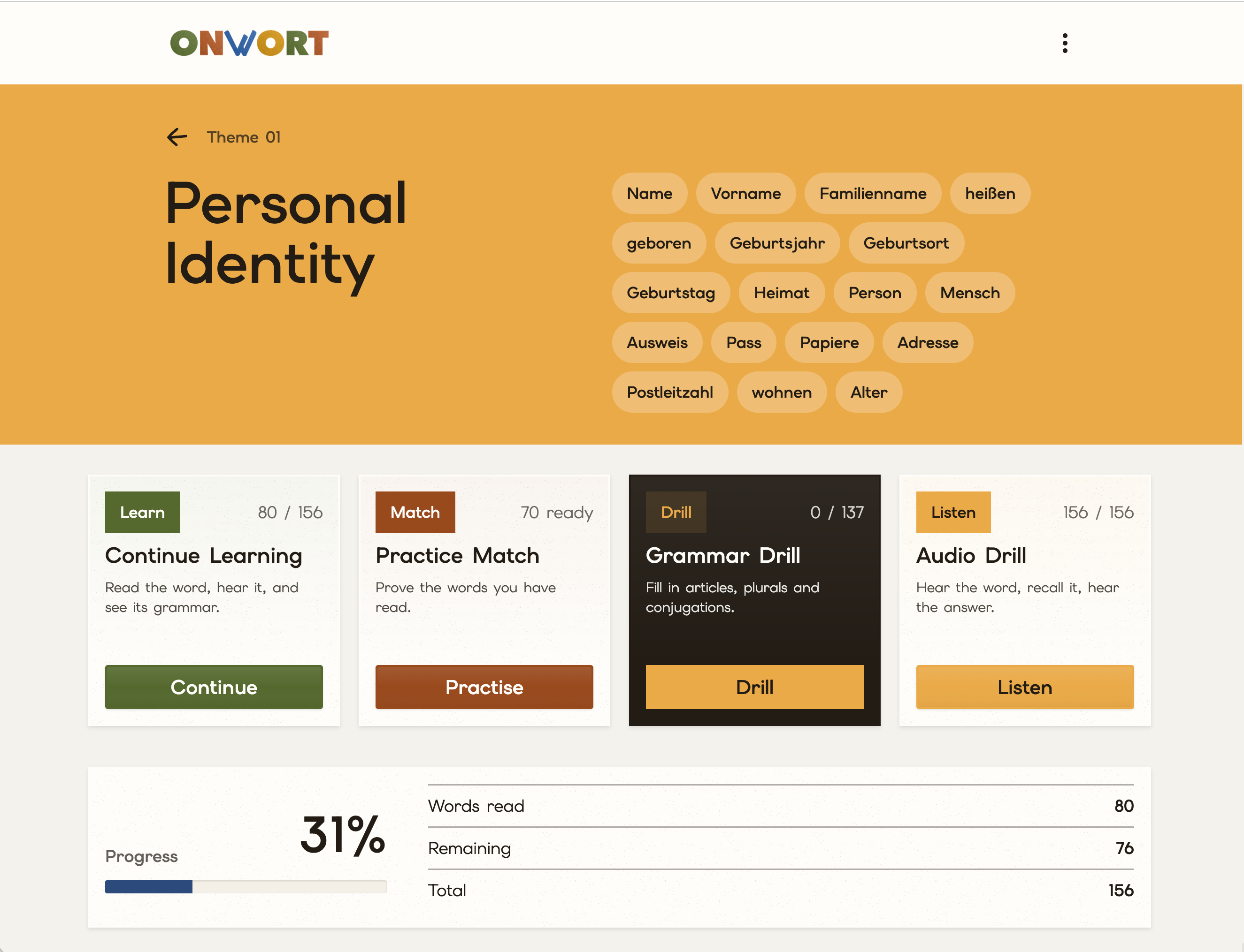 Onwort Personal Identity theme with vocabulary, four learning activities, and a progress summary