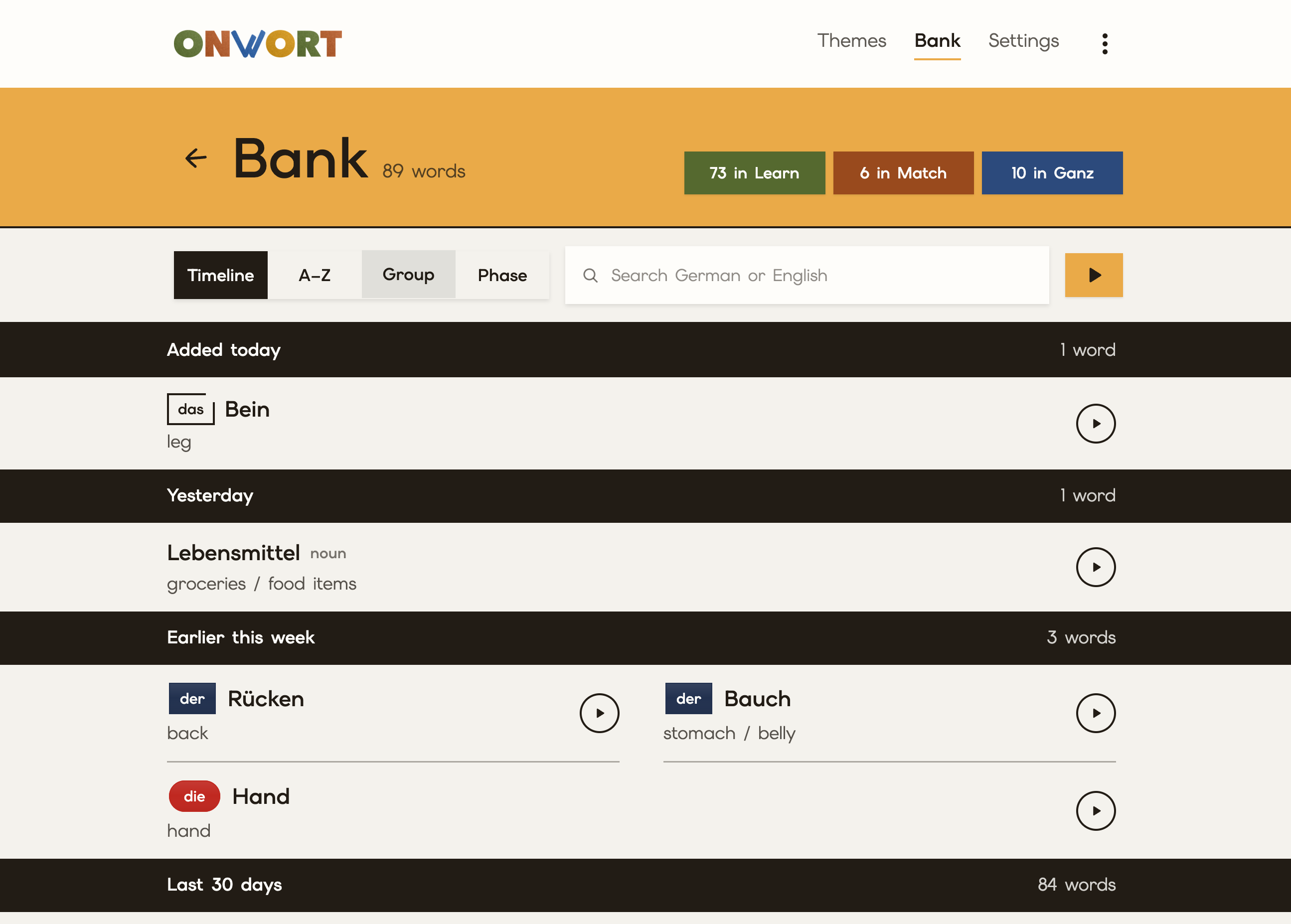 Onwort Bank page with a searchable list of saved German words and audio controls